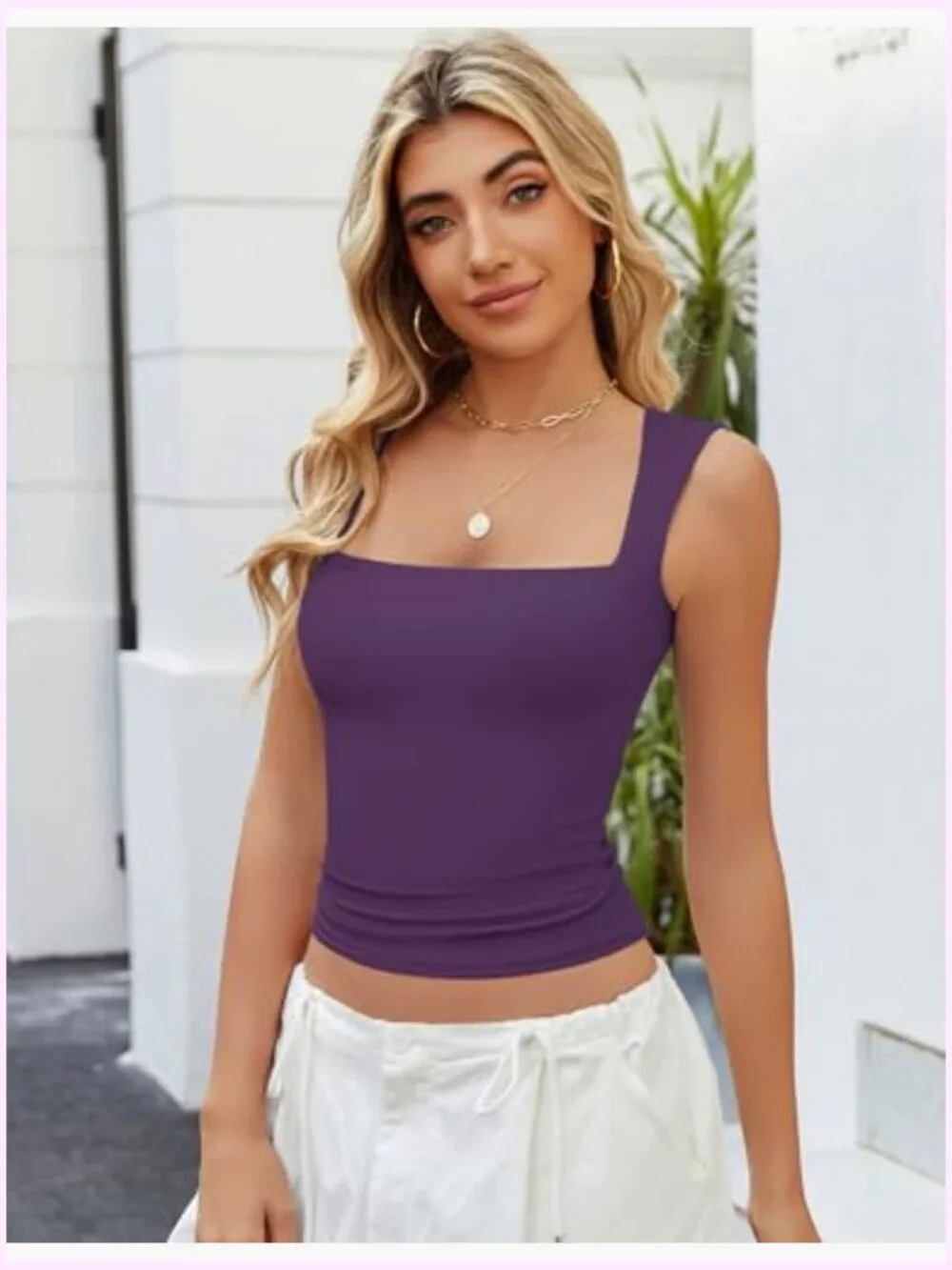Square Neck Tank Top Double Lined Basic Crop Tops Going Out Shirt Slim Fit